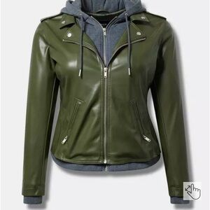 Torrid Faux Leather Mixed Media Hooded Moto Jacket – Sz 2 – “Deep Depths” Olive